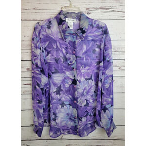 Vtg Graver Studio Button Down Shirt Purple Floral Semi Sheer Women's Size XL
